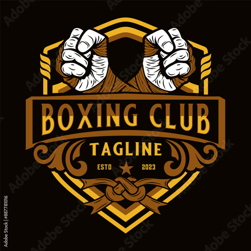 boxing logo. Illustration of a boxing glove fight. Design element for label, sign, emblem, poster. vector design.