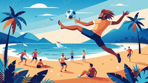 A lion scores in upside down football, beach scene and audience are jungle animals