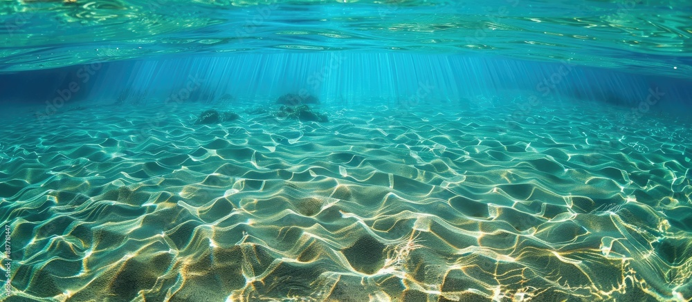 Fototapeta premium Crystal clear water showing the sandy lake floor beneath creating a stunning blue and turquoise backdrop in the copy space image
