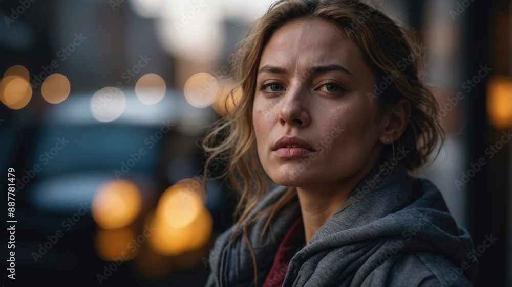 A pensive woman with tied-back hair and a hoodie stands on a city street at dusk, illuminated by warm lights, reflecting deep thought.
A pensive woman with tied-back hair and a hoodie stands on a city street at dusk, illuminated by warm lights, reflecting deep thought.