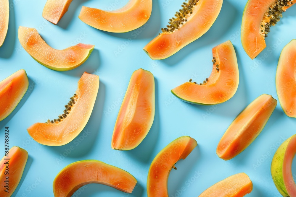 Tropical Papaya Slices on Blue Background 
