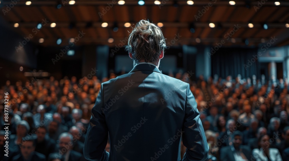 Fototapeta premium A man stands in front of a crowd, giving a speech