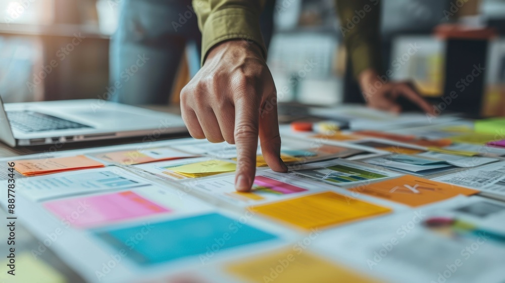 A person pointing at a colorful piece of paper with a yellow sticker on it A person pointing at a colorful piece of paper with a yellow sticker on it
