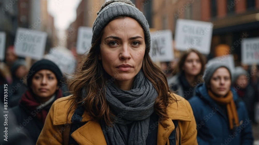 A woman wearing a beanie and scarf stands with a determined expression in the midst of a protest march, surrounded by fellow demonstrators holding signs.
