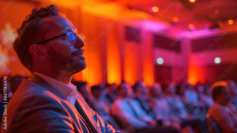 Fototapeta premium A man in a suit is sitting in a large auditorium with a crowd of people