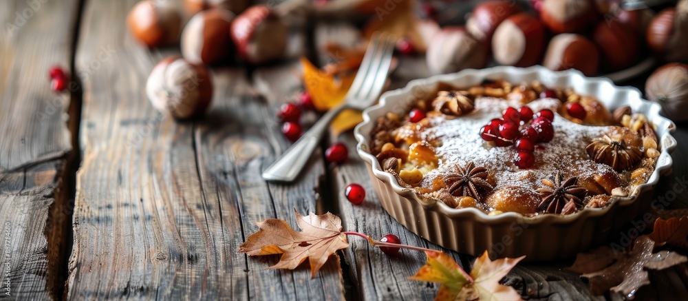 Chestnut pudding made at home with a rustic presentation and an inviting copy space image Chestnut pudding made at home with a rustic presentation and an inviting copy space image