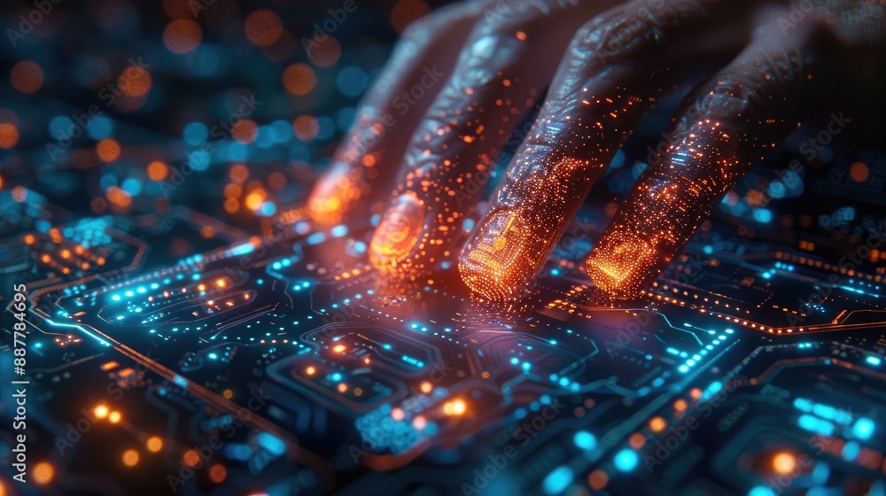 Fototapeta premium Close-up of a hand touching a futuristic glowing circuit board, representing advanced technology, innovation, and digital connections.