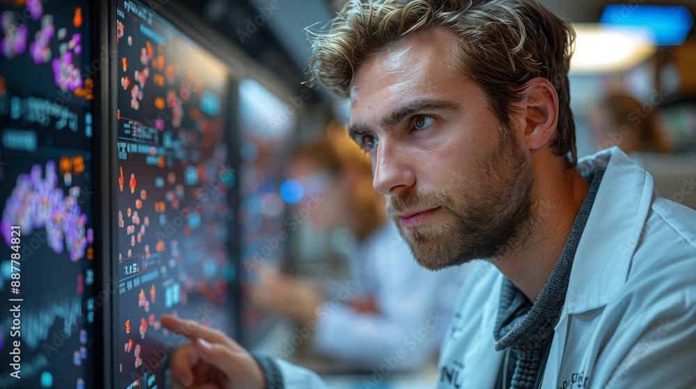 A synthetic biologist examines data on a large monitor, likely involved in a research project. A synthetic biologist examines data on a large monitor, likely involved in a research project.