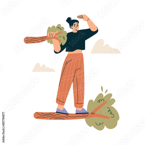 Look to Future with Woman Character on Tree View Horizon Vector Illustration