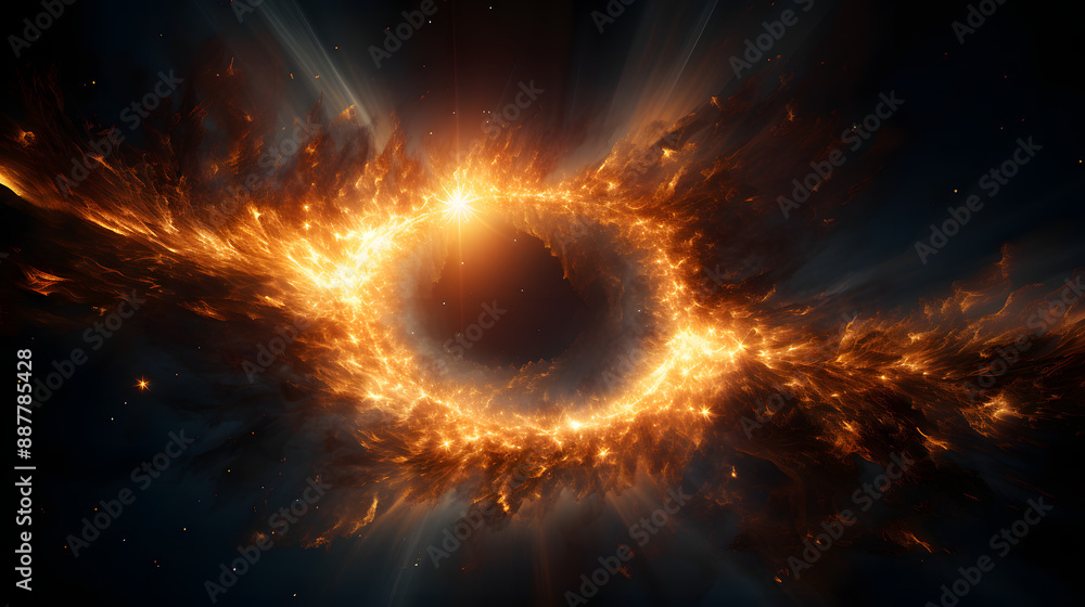 Fototapeta premium Abstract digital illustration of a fiery ring with bright starbursts on a dark background, suitable for use as a background image or screensaver.