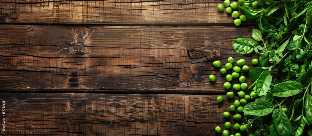 Fresh green peas arranged attractively on a wooden surface from a top view with ample copy space image available Representing vegetarian uncooked cuisine Fresh green peas arranged attractively on a wooden surface from a top view with ample copy space image available Representing vegetarian uncooked cuisine