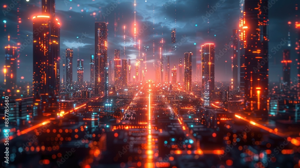 Futuristic cityscape with glowing neon lights and towering skyscrapers, depicting advanced technology and urban innovation at dusk. Futuristic cityscape with glowing neon lights and towering skyscrapers, depicting advanced technology and urban innovation at dusk.