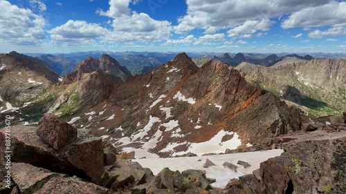 Top of summit Sunlight Windom Peak Mount Eulos Silverton summer Twin Lakes Chicago Basin Colorado Silverton San Juan Range Rocky Mountains snowmelt fourteeners July hiking bluesky sunny  pan left photo