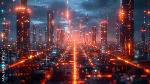 Futuristic cityscape with glowing neon lights and towering skyscrapers, depicting advanced technology and urban innovation at dusk.