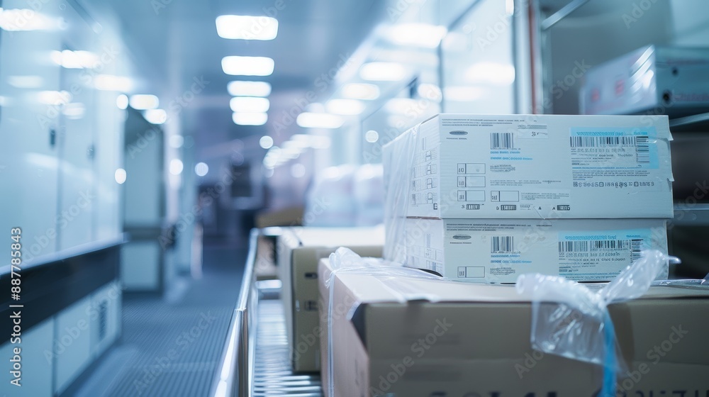 Cardboard boxes with barcodes moving on a conveyor belt in a distribution warehouse Cardboard boxes with barcodes moving on a conveyor belt in a distribution warehouse