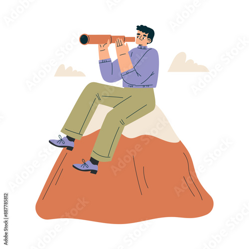 Look to Future with Man Character with Telescope View Horizon Vector Illustration