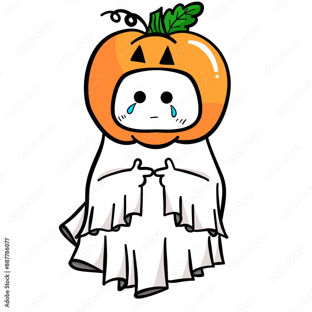 Fototapeta premium Cute cartoon sad ghost with pumpkin costume for Halloween party 