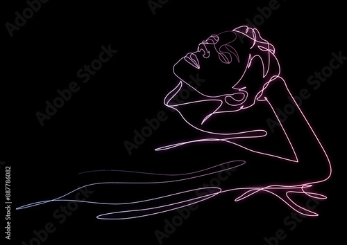 Person floating in water or taking spa bath drawn by glowing neon continuous one line. Concept of beauty treatments, self care, sensory deprivation.