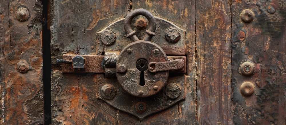 Close up of an antique iron padlock mounted on a metal door creating copy space within the image Close up of an antique iron padlock mounted on a metal door creating copy space within the image