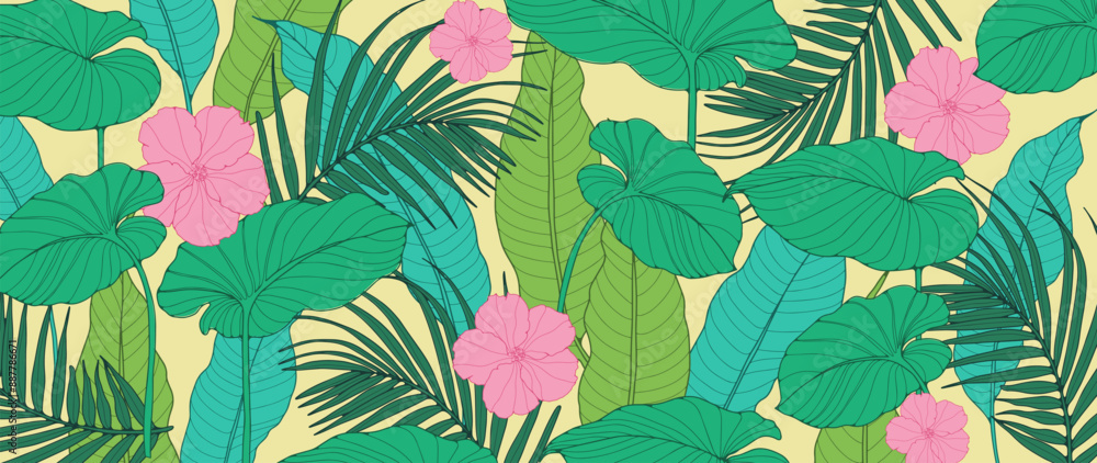 Fototapeta premium Bright tropical foliage background. Tropical plants and flowers. Vector botanical illustration