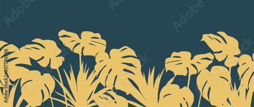 Bright tropical foliage background. Tropical plants and flowers. Vector botanical illustration