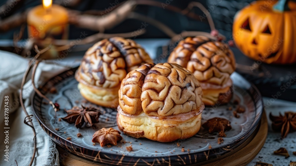 Halloween Brain-Shaped Cinnamon Rolls on Festive Table Halloween Brain-Shaped Cinnamon Rolls on Festive Table