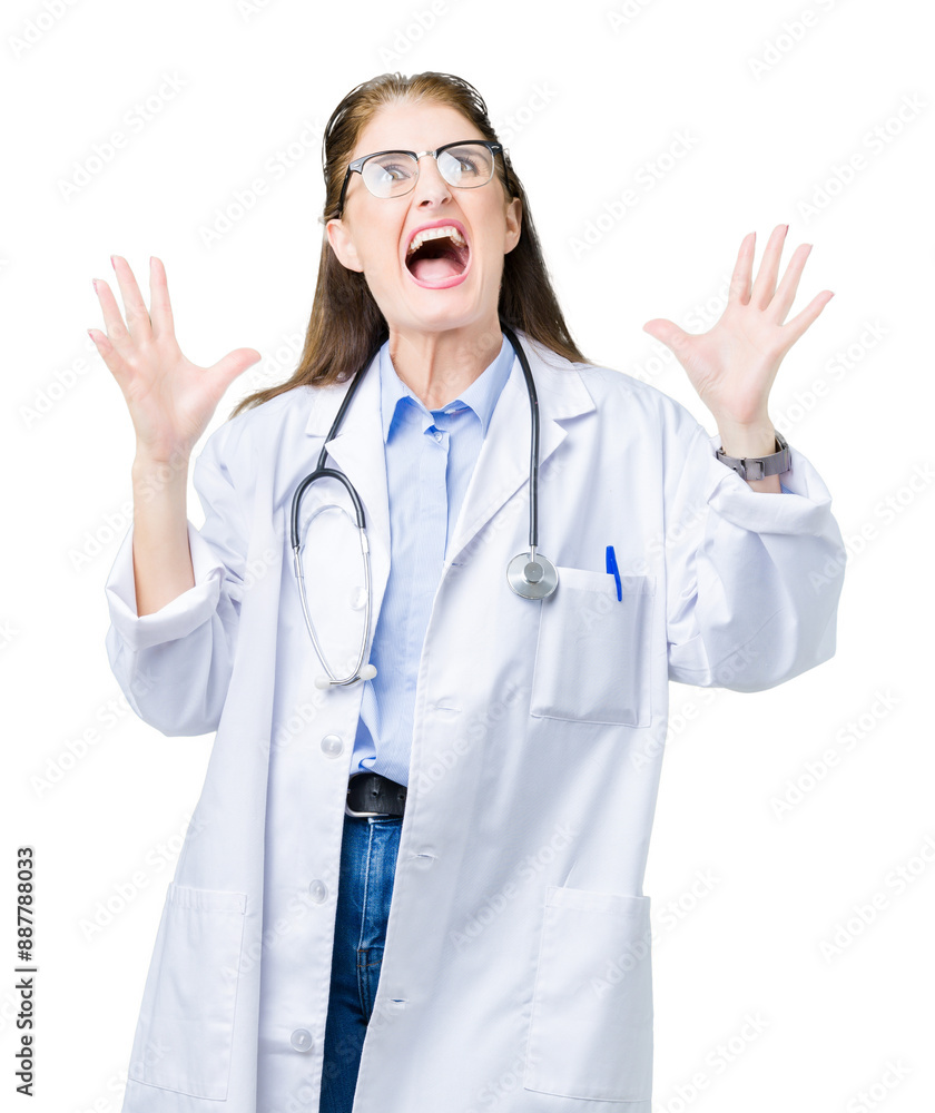 Middle age mature doctor woman wearing medical coat over isolated background crazy and mad shouting and yelling with aggressive expression and arms raised. Frustration concept. Middle age mature doctor woman wearing medical coat over isolated background crazy and mad shouting and yelling with aggressive expression and arms raised. Frustration concept.