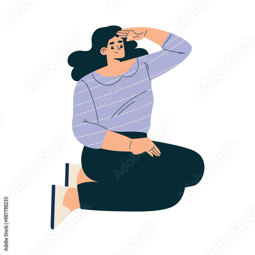 Look to Future with Woman Character Sit View Horizon Vector Illustration