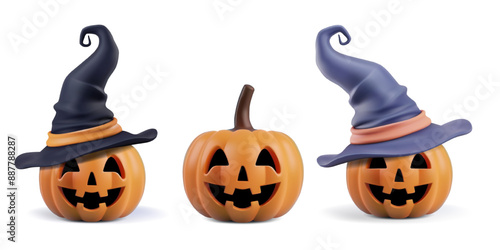 Halloween Jack o Lantern. Carved pumpkin with funny smiling faces in witch black hat. Set of vector illustration isolated on white background. 3d cute spooky orange cartoon party decor sticker png.