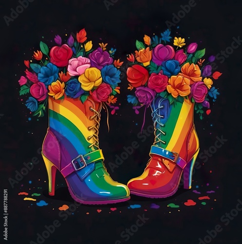 Vibrant flowers burst from colorful rainbow boots, set against a dark background.