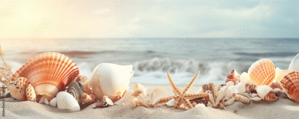 Starfish and seashells at sandy beach. Travel, relax and summer vacation concept. Summertime. Background with copy space for banner, poster, card. Flat lay, top view Starfish and seashells at sandy beach. Travel, relax and summer vacation concept. Summertime. Background with copy space for banner, poster, card. Flat lay, top view