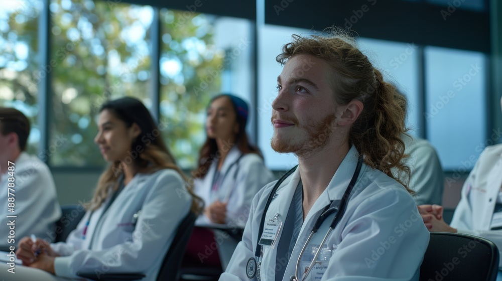 Attentive medical student actively engaging in a presentation at a medical conference Attentive medical student actively engaging in a presentation at a medical conference