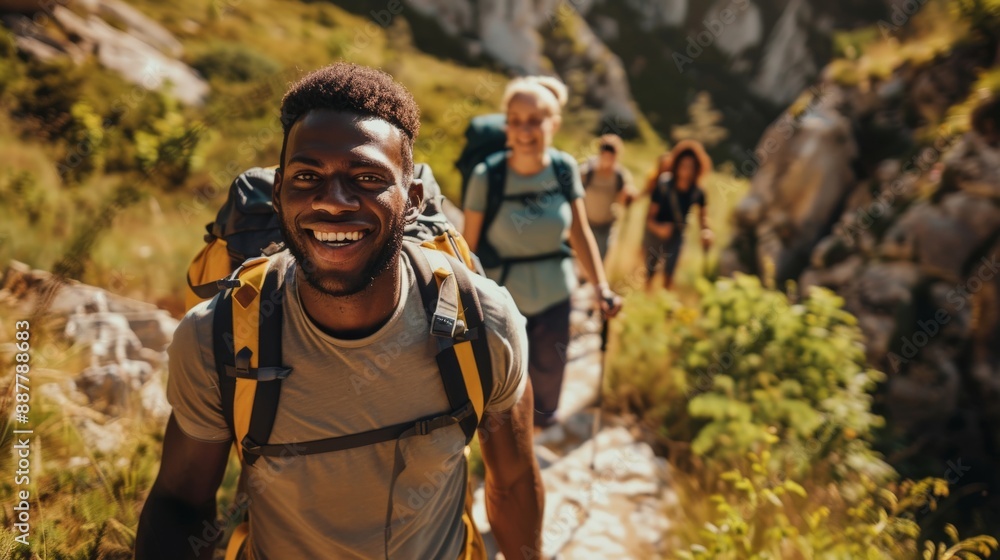 A group of friends hiking a scenic trail as part of their outdoor fitness routine, enjoying nature and exercise A group of friends hiking a scenic trail as part of their outdoor fitness routine, enjoying nature and exercise