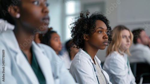 Medical students from diverse backgrounds are attentively listening to their professor in a well-lit university lecture hall