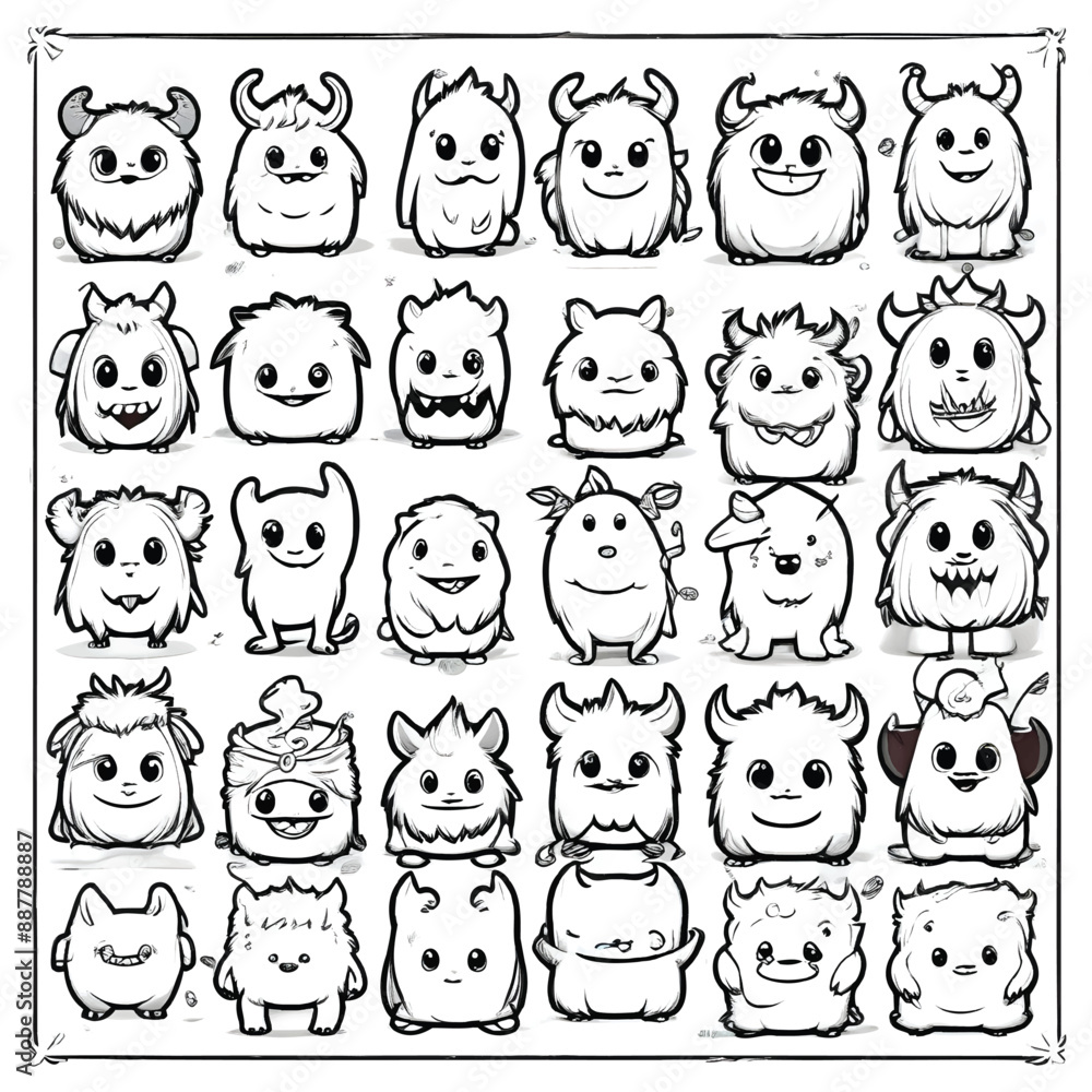a black and white drawing of a group of cute monsters and devil with several facial expressions a black and white drawing of a group of cute monsters and devil with several facial expressions