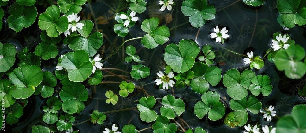 Clover aquatic plants with copy space image on water surface Clover aquatic plants with copy space image on water surface