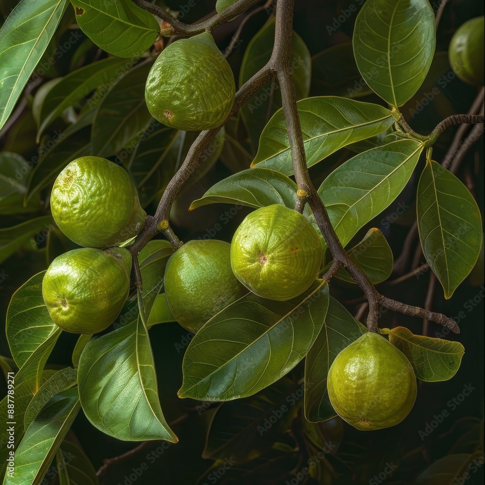 Fototapeta premium A bunch of green fruit hanging from a tree