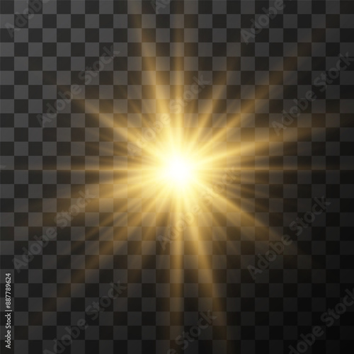 The image depicts a golden light , including sun rays and a dawn effect. The image also includes a gold flare