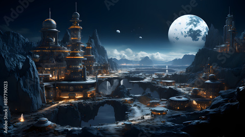 A futuristic city built on a rocky, alien planet with glowing windows and towering structures is bathed in the ethereal light of a large, icy moon hanging in the night sky.