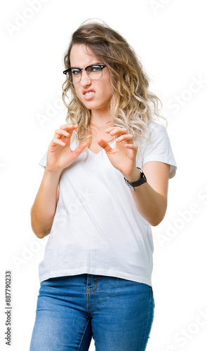 Beautiful young blonde woman wearing glasses over isolated background disgusted expression, displeased and fearful doing disgust face because aversion reaction. With hands raised. Annoying concept.