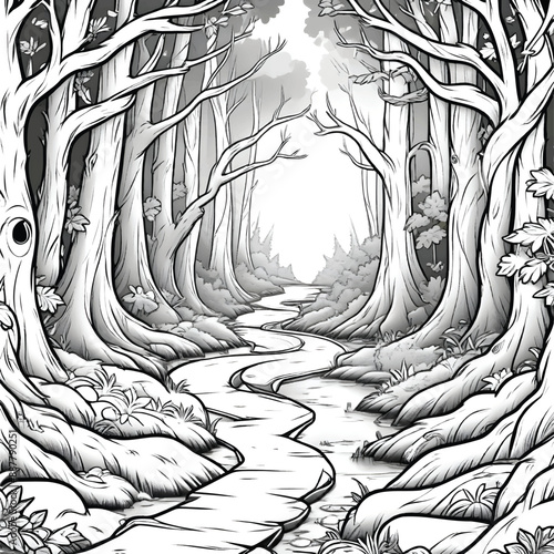 a cloring page of a halloween forest path with a path that has a light on it