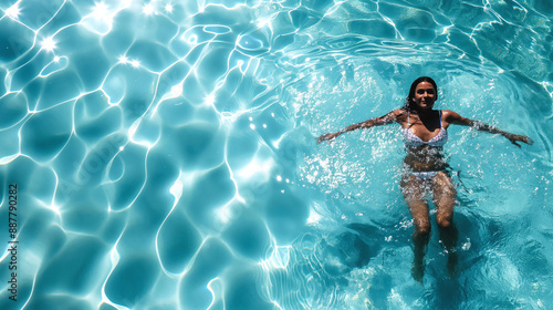 Woman swimming in a clear blue pool with sunlight reflections creating a sparkling effect on the water surface. © Natalia