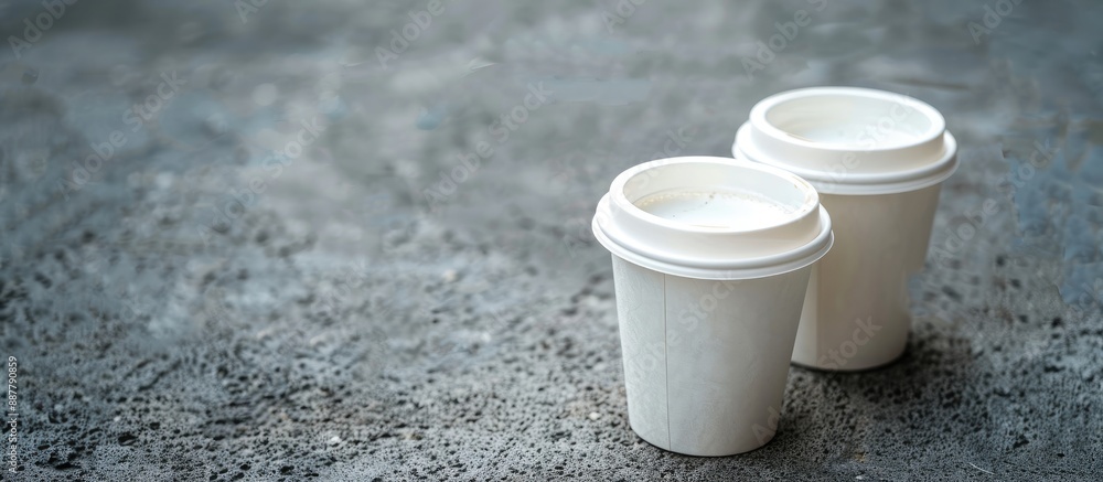Front view of two white takeaway cups of tea or coffee on a concrete surface with a copy space image Front view of two white takeaway cups of tea or coffee on a concrete surface with a copy space image
