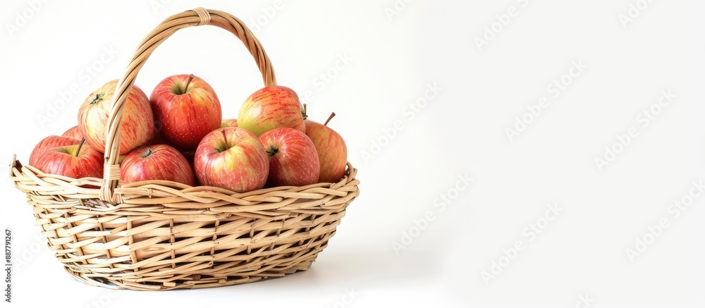 Close up of a wicker basket filled with apples on a white background with space for text or graphics. with copy space image. Place for adding text or design Close up of a wicker basket filled with apples on a white background with space for text or graphics. with copy space image. Place for adding text or design