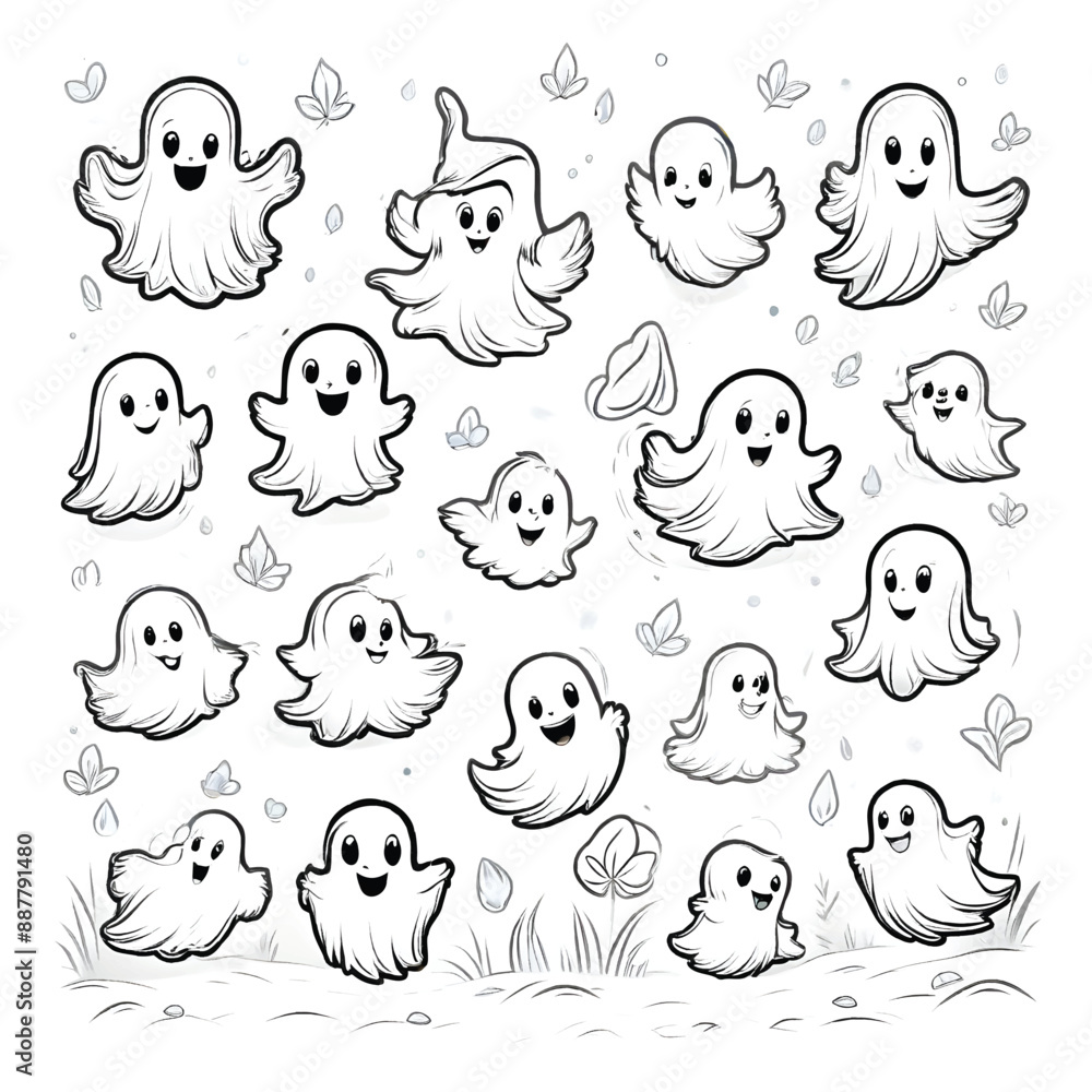 a cartoon drawing coloring page of a group of ghosts with a white background a cartoon drawing coloring page of a group of ghosts with a white background