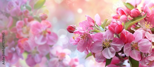 Spring flowers blooming on an apple blossom tree backdrop with copy space image available