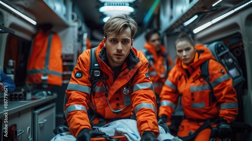 Emergency medical team in an ambulance, focused on saving lives. Paramedics in orange uniforms, ready for action.