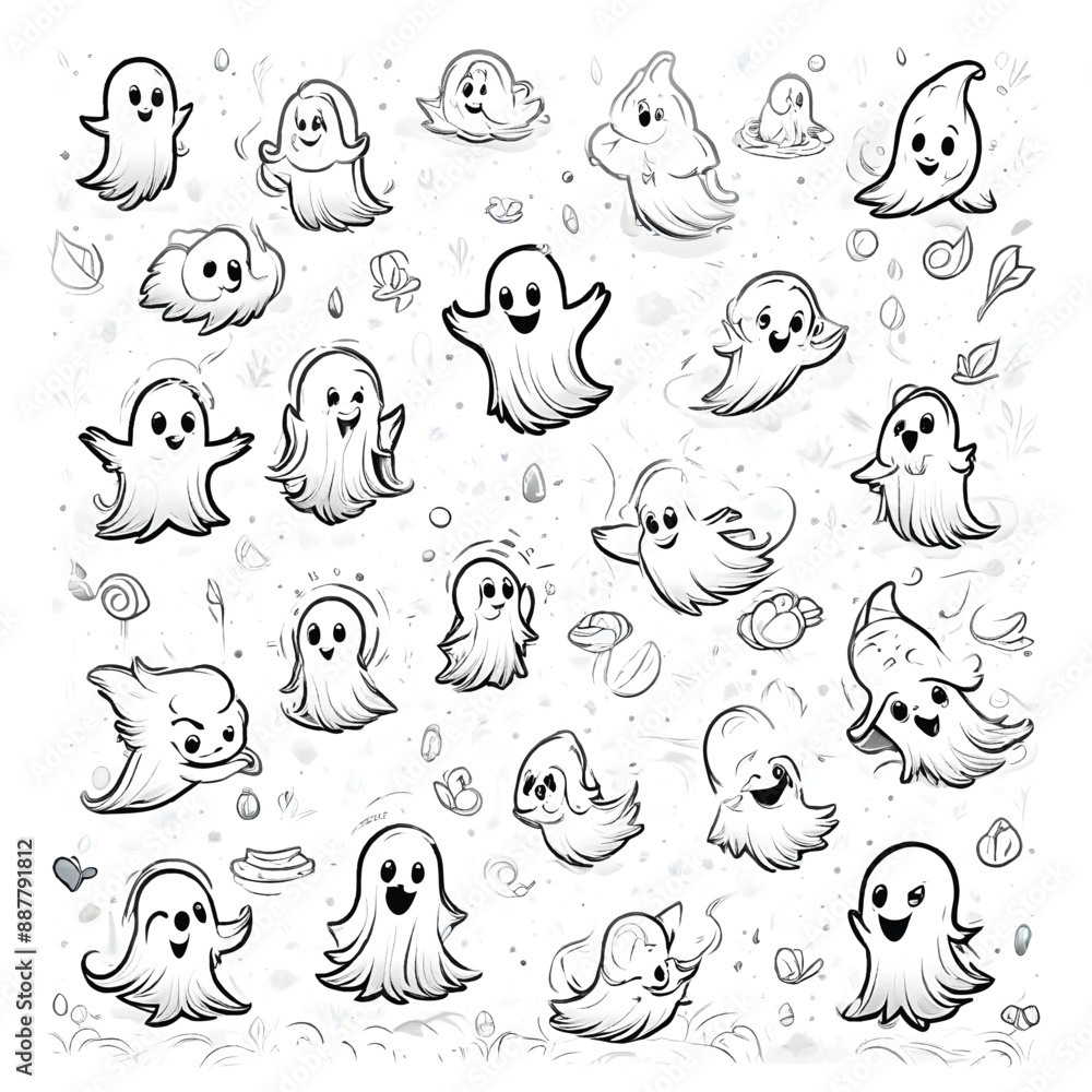 Obraz premium coloring page of a cartoon drawing of adorable ghosts with different expressions on white background