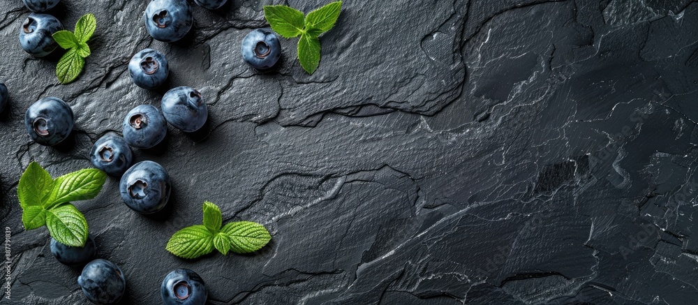 Fresh blueberries displayed on a black board create a background with copy space image Fresh blueberries displayed on a black board create a background with copy space image