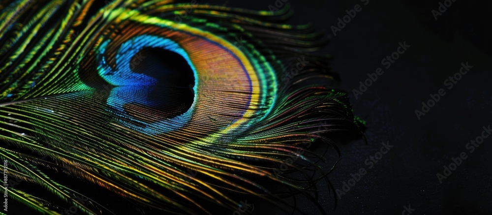 Obraz premium High quality photo of a peacock feather on a black background providing copy space image